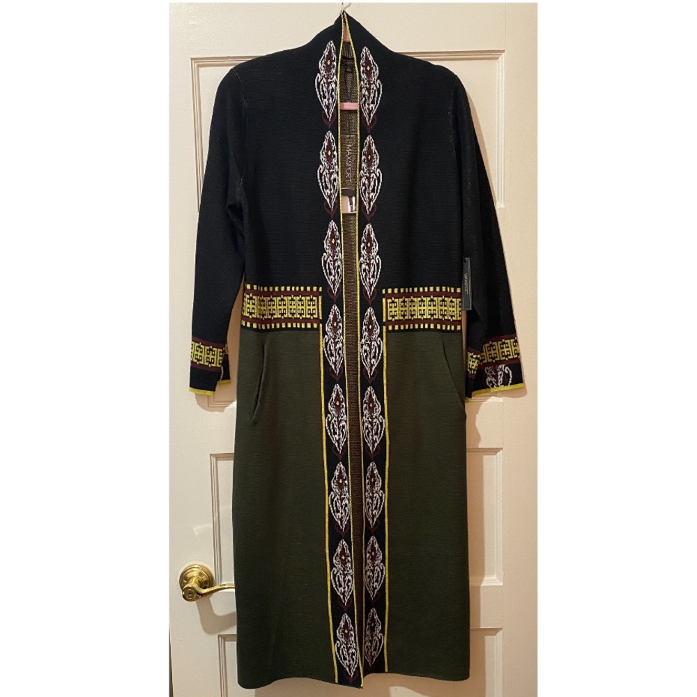 Max Sport Black & Green Jacquard Print Long Cardigan Sweater Duster Size Small
